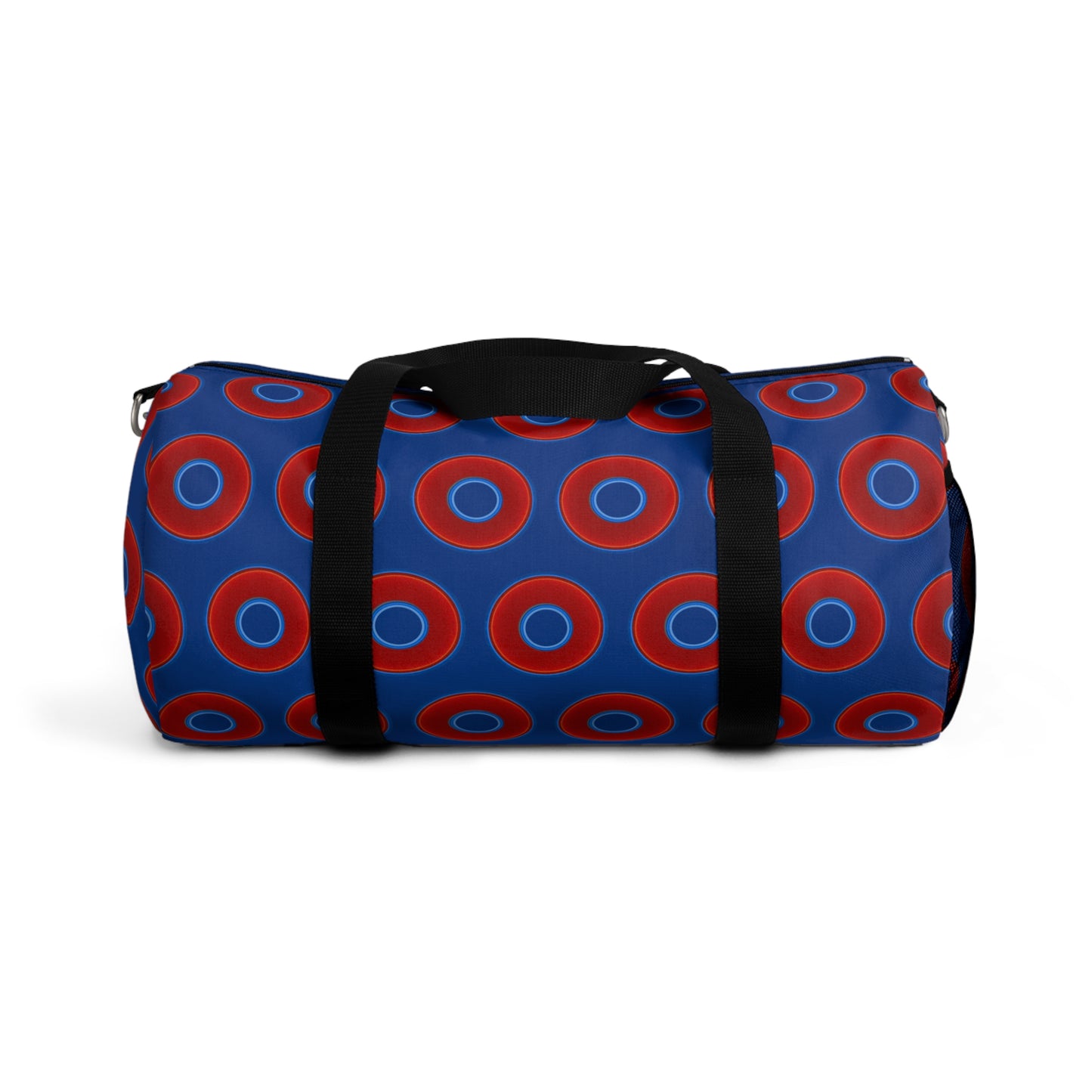 Lumpy Duffel - vivid red donuts w/dark blue background