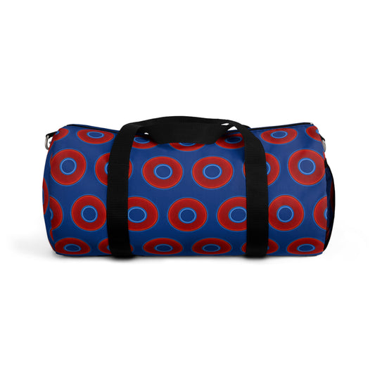 Lumpy Duffel - vivid red donuts w/dark blue background