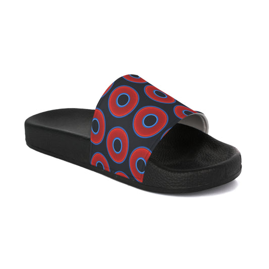 Men's Lumpy Sandals - slip-ons - red vivid donuts w/charcoal blue background