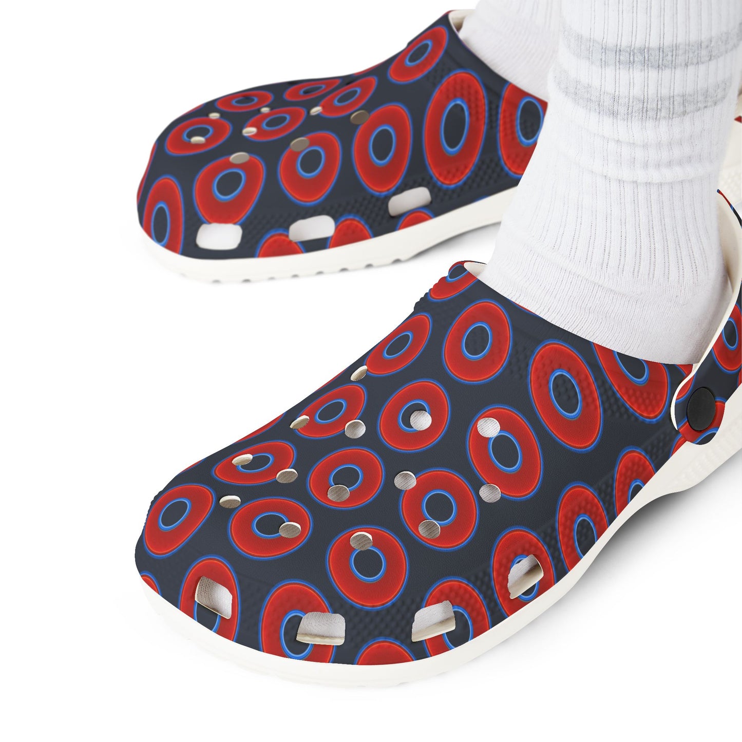 Spatchcocks - donut slip-on shoes - vivid red donuts w/midnight teal blue elite background [unisex]