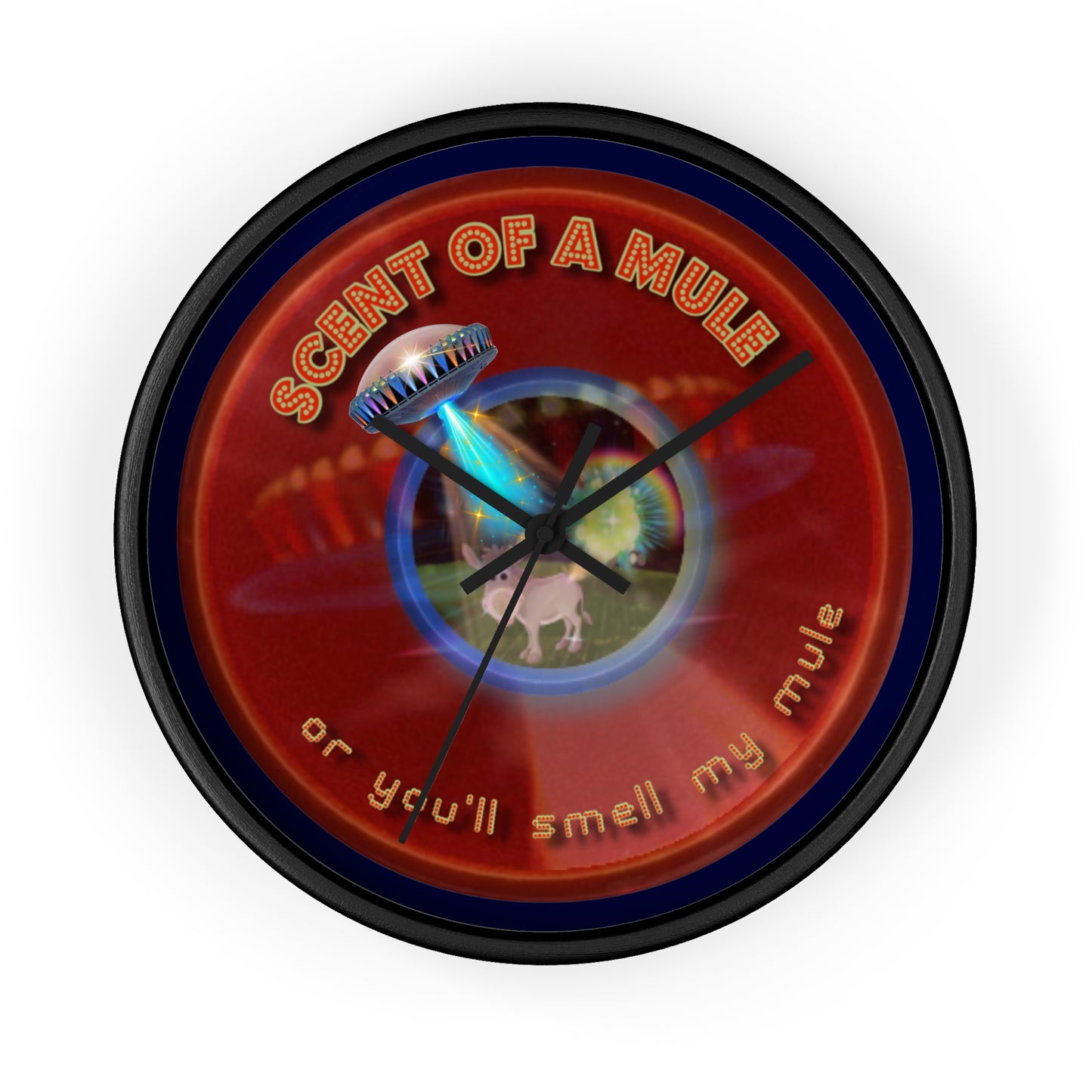 Lumpy Wall Clock - "Donut Clocks? In Tomahawk County?" - variant 4 - vivid red/blue donut w/dark navy background