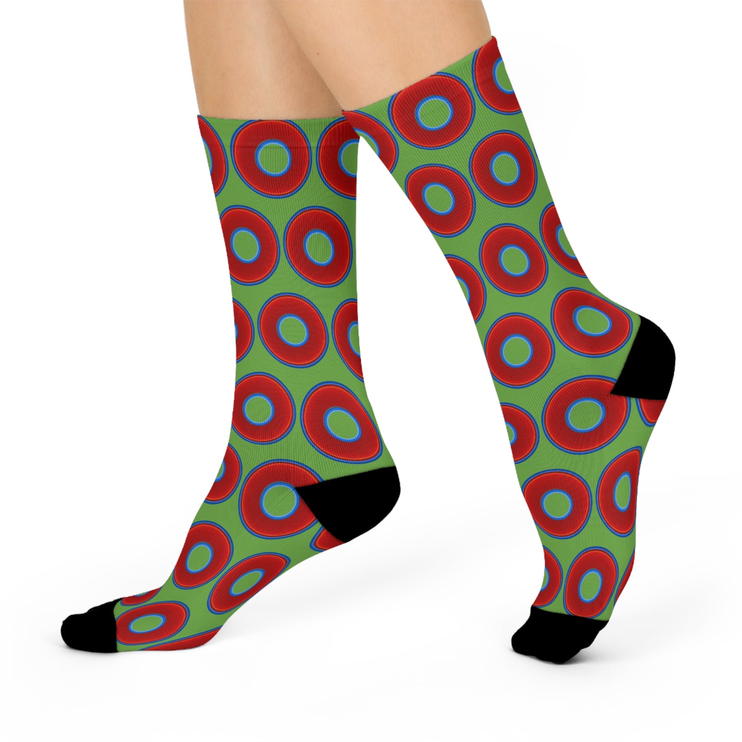 Lumpy Sox - cushioned crew - vivid red donut print w/light green background