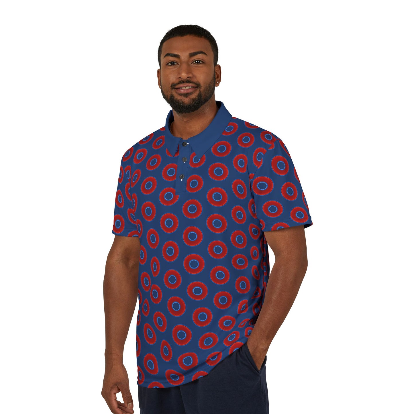AOP Donut Polo - vivid donut print w/Atlantic navy blue background [unisex]