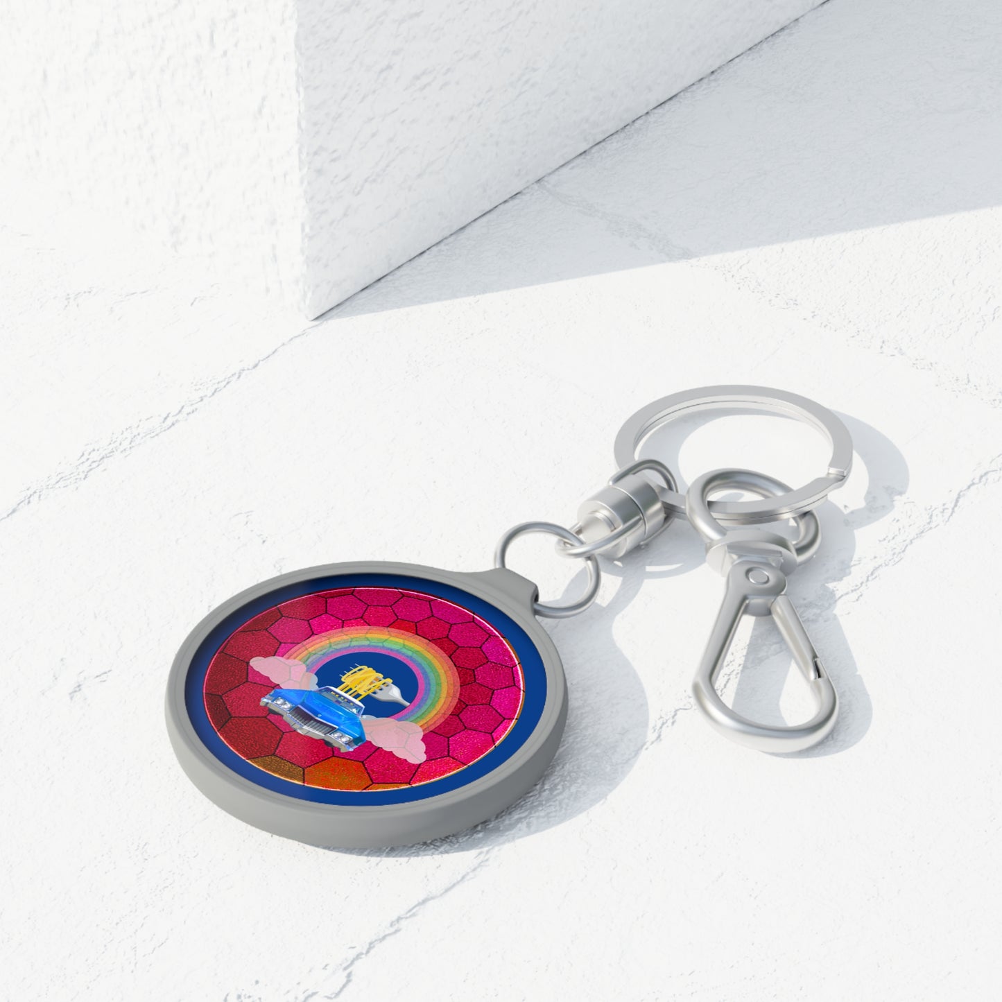Lumpy Donut Keychain - "Spaghetti Incident in my Caddy" - series 1.0 - variant 2 - magenta hexadonut - w/blue Caddy