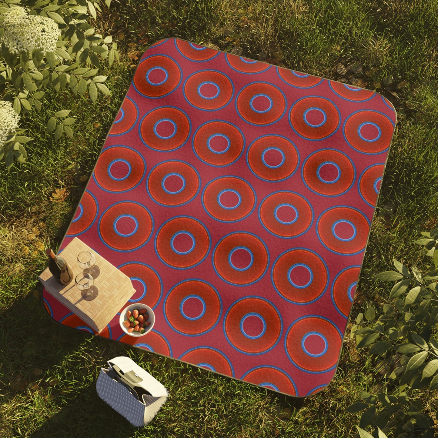 The Lumpy Party Blanket - giant water-resistant outdoor blanket [61" x 51"] - vivid red donuts w/dark magenta background