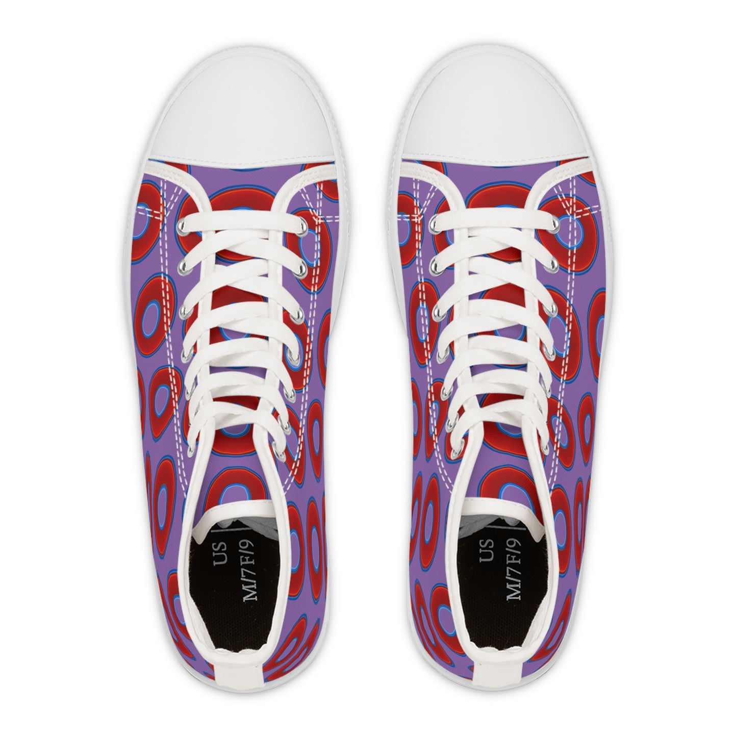 Women's High Top Chuck Taylors - large vivid red donut print w/light purple background