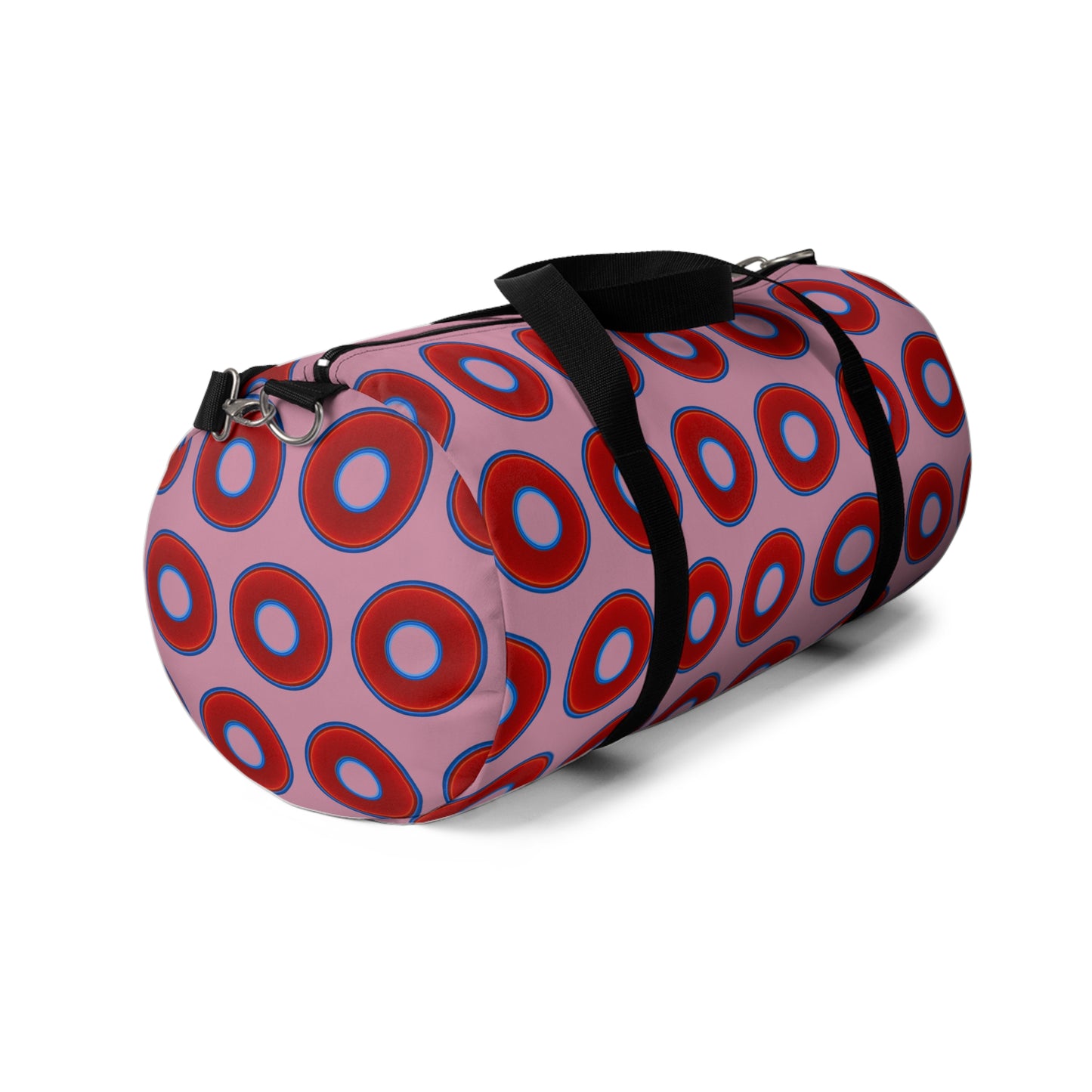 Lumpy Duffel - vivid red donuts w/pale magenta background