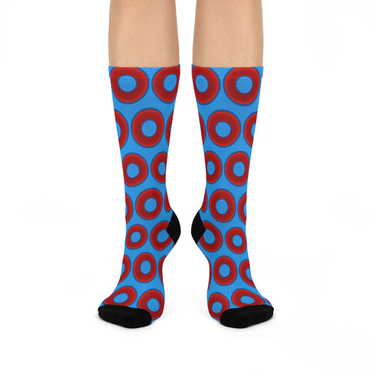 Lumpy Sox - cushioned crew - vivid red donut print w/sky royal blue background