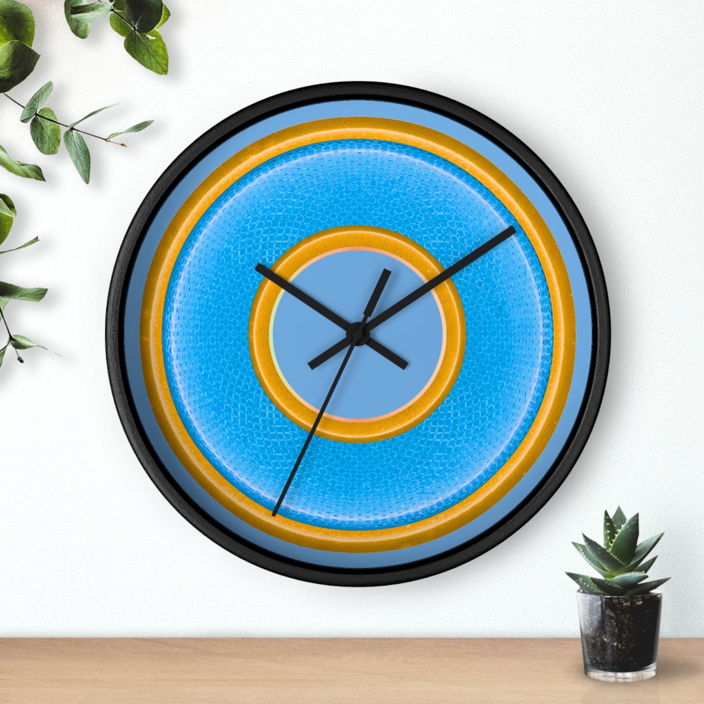 Lumpy Wall Clock - light blue rustic donut w/yellow edging - variant 3 w/light blue background