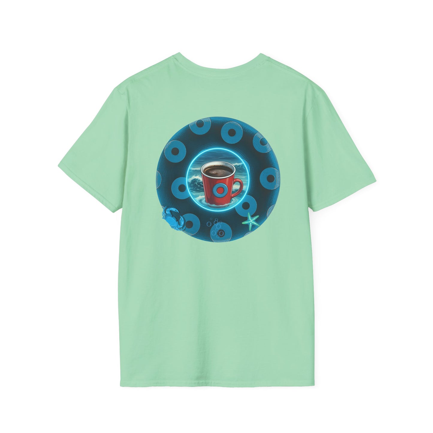 Lumpy Coffee Traders Tee - Unisex Soft-Style - "Good to Last Leaky Drop" - paradoxical ocean donut - variant 1 - logo front/coffee back
