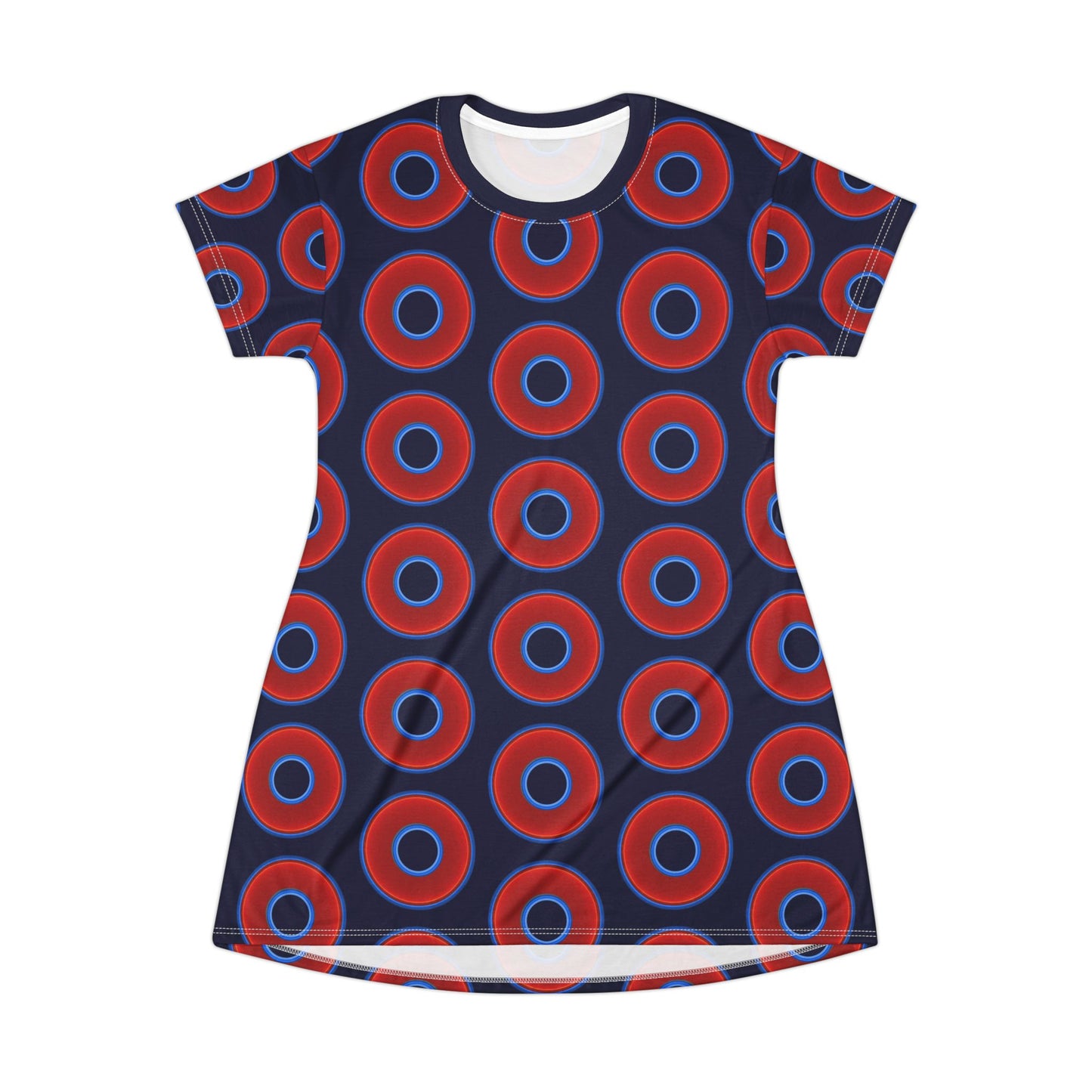 Not a Muumuu AOP Tee Shirt Dress - red vivid donuts w/midnight blue background