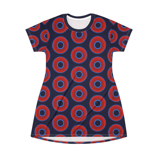 Not a Muumuu AOP Tee Shirt Dress - red vivid donuts w/midnight blue background