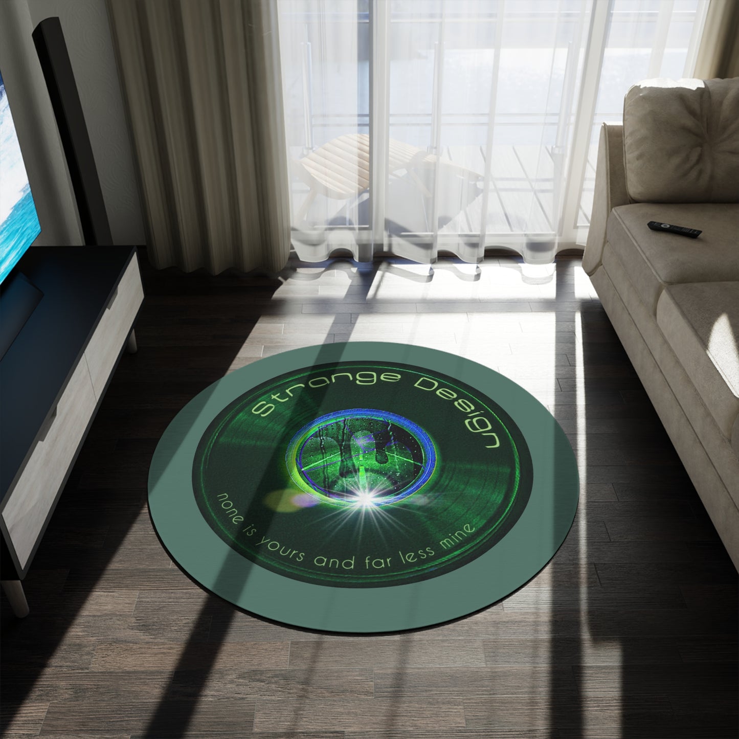 Round Room - 5 ft x 5 ft Lumpy Donut Rug - "Strangely Designed Donut Rug" - vivid green word donut w/light Fenway green background