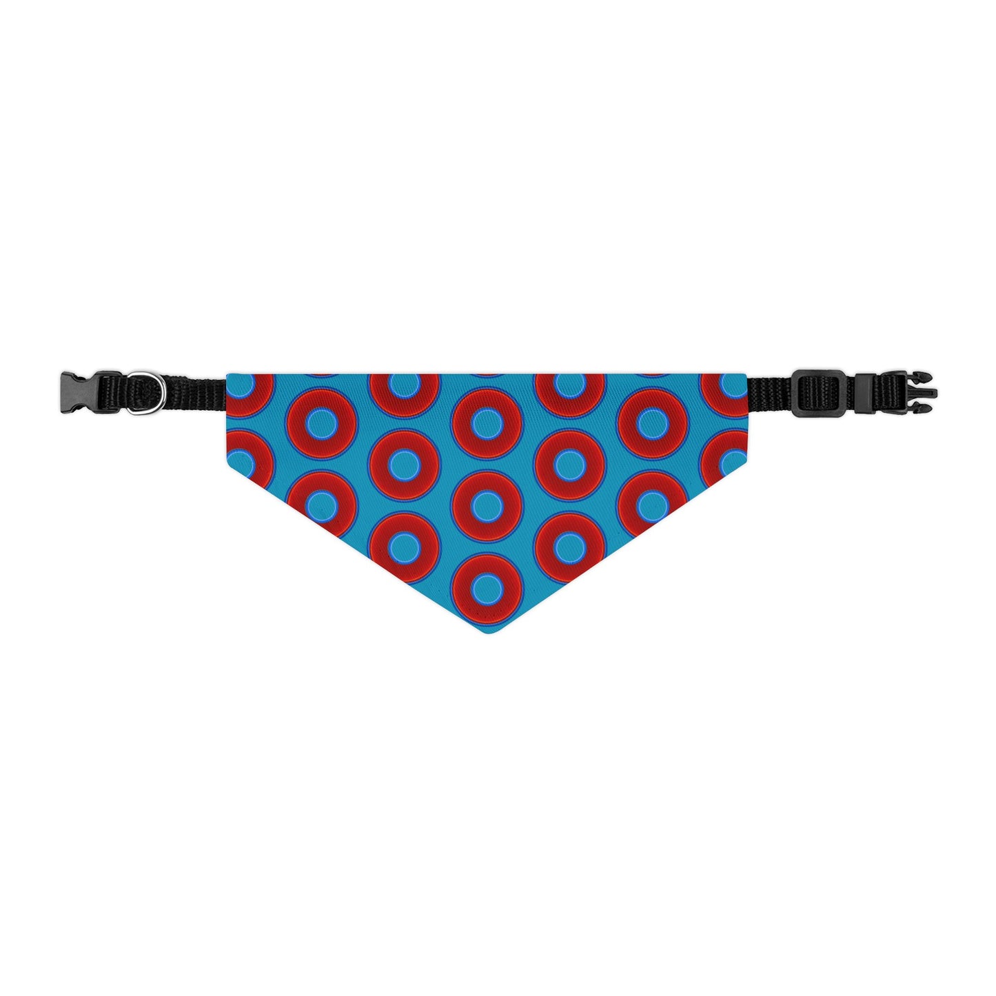 Jim's Lumpy Bandana Pet Collar - vivid red donuts w/aquamarine blue background