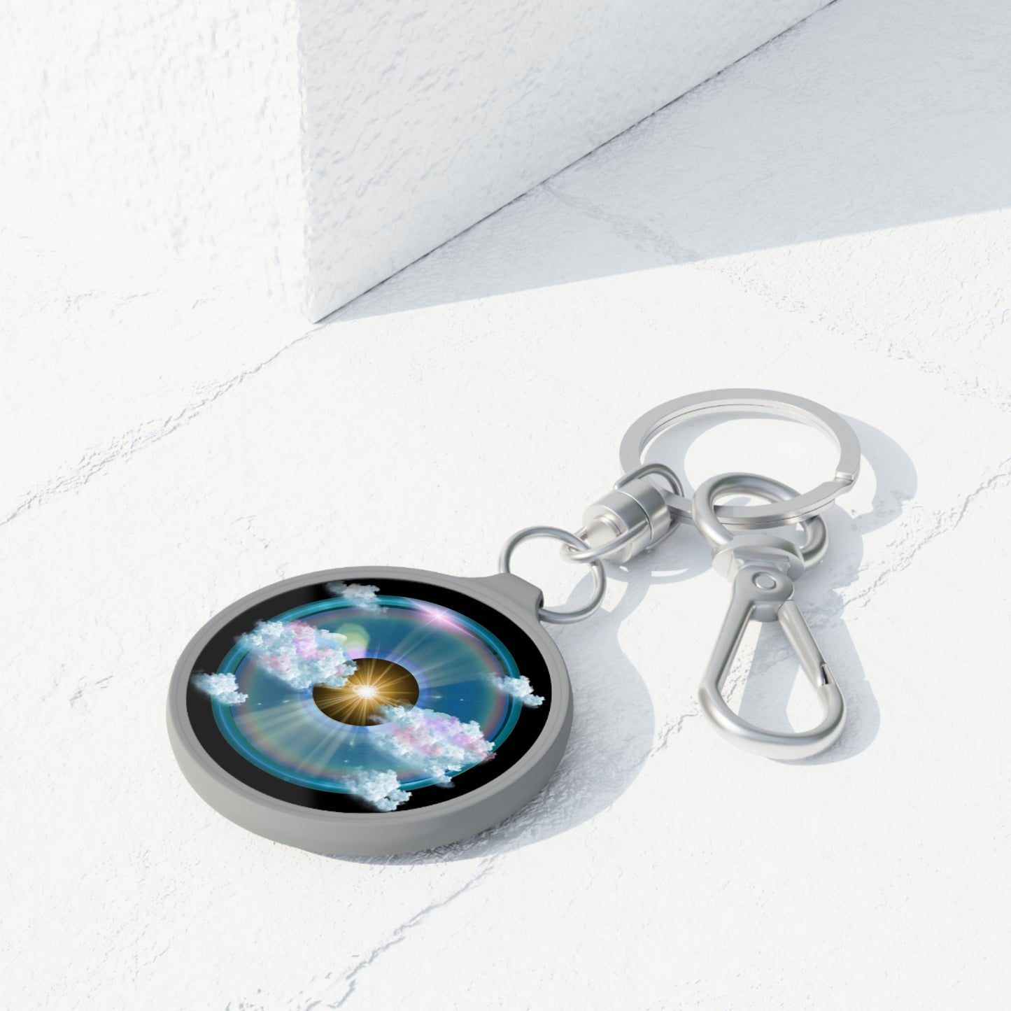 Lumpy Donut Keychain - "The Divided Donut" - series 1.0 - variant 2 - blue sky donut w/sun in space [*charitable donut]