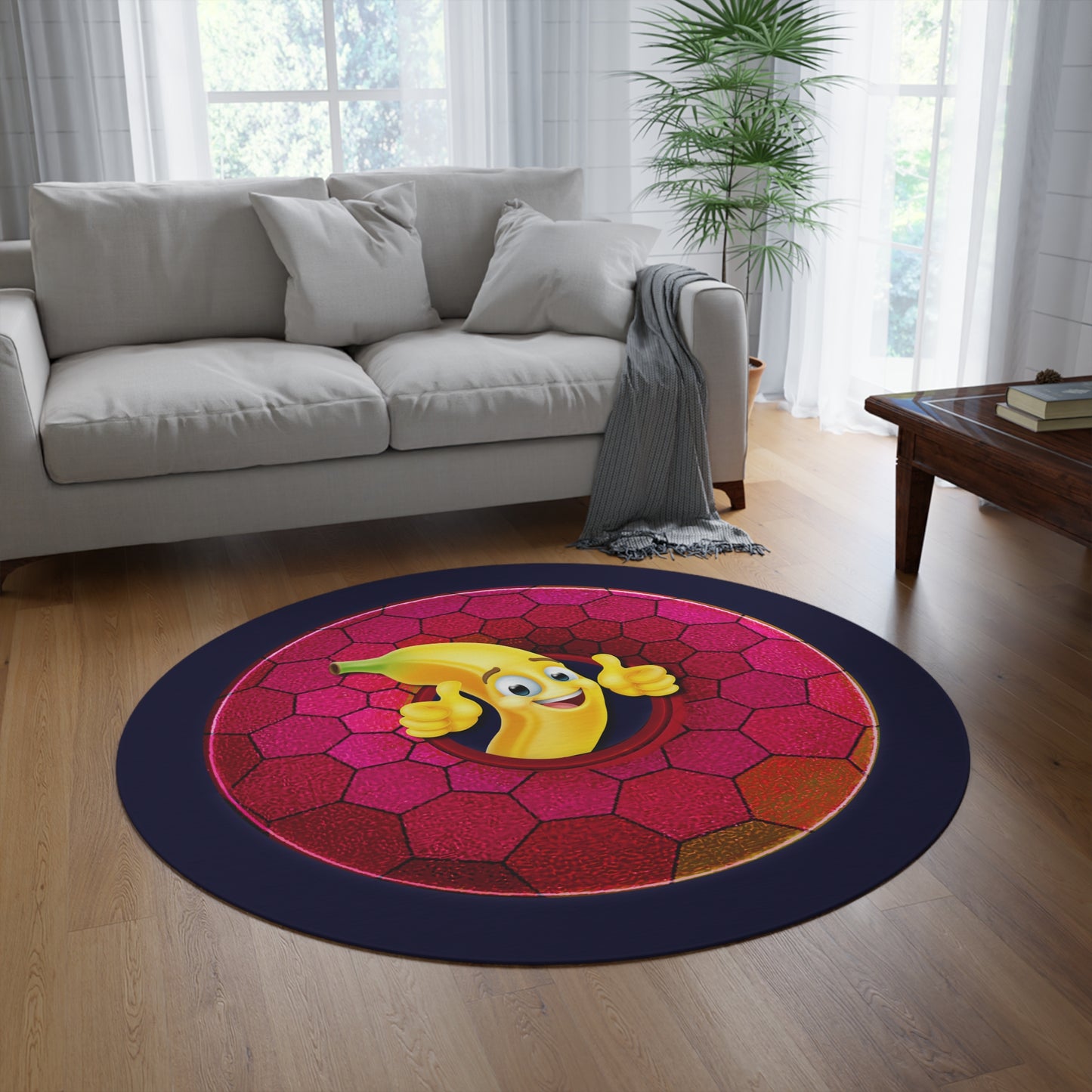 Round Room - 5 ft x 5 ft Lumpy Donut Rug - "Banana Bread Donut " - magenta hexadonut w/midnight purple background - variant 3