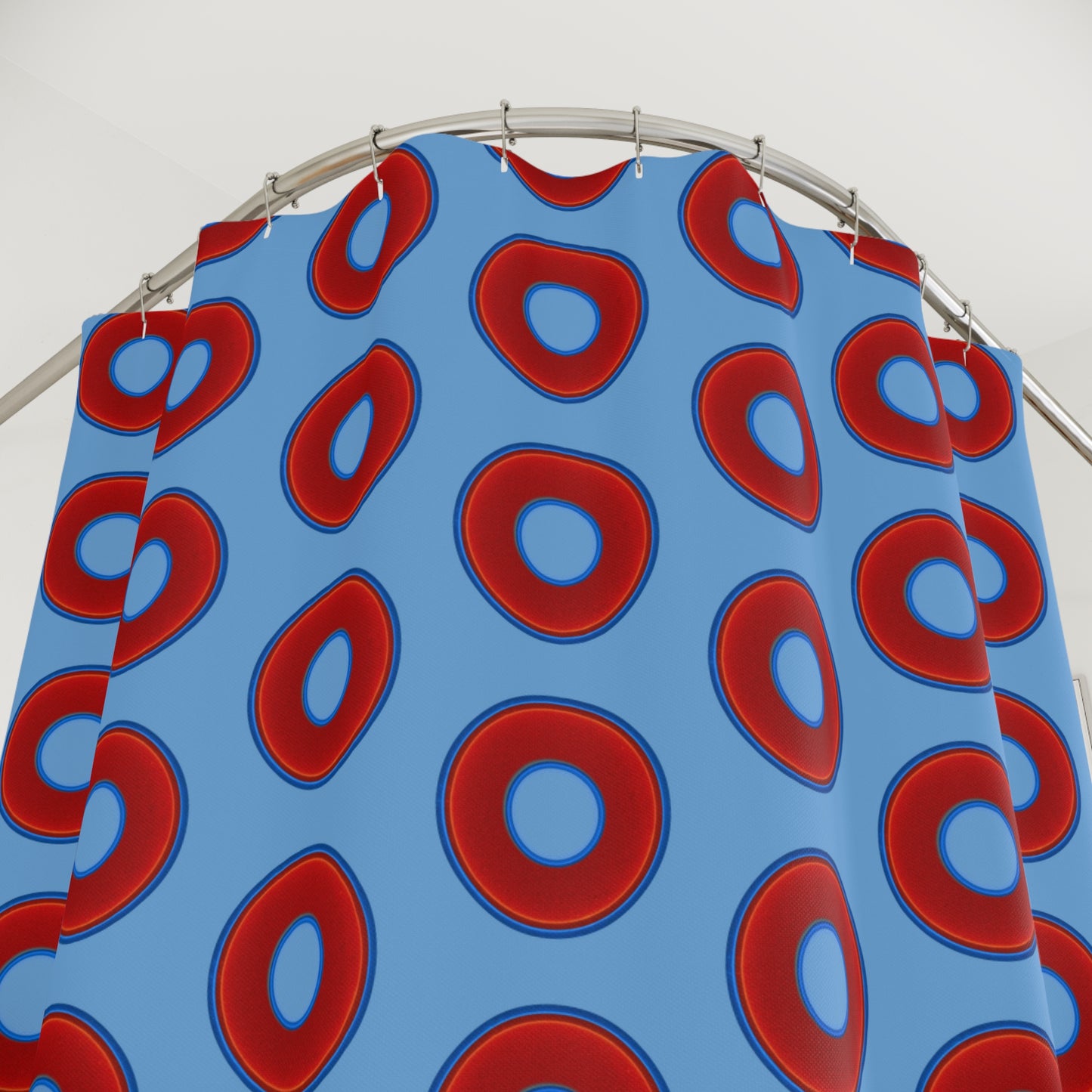 The Curtain With "Donuts" - Lumpy Bath Time Fun - vivid red donuts w/light blue background