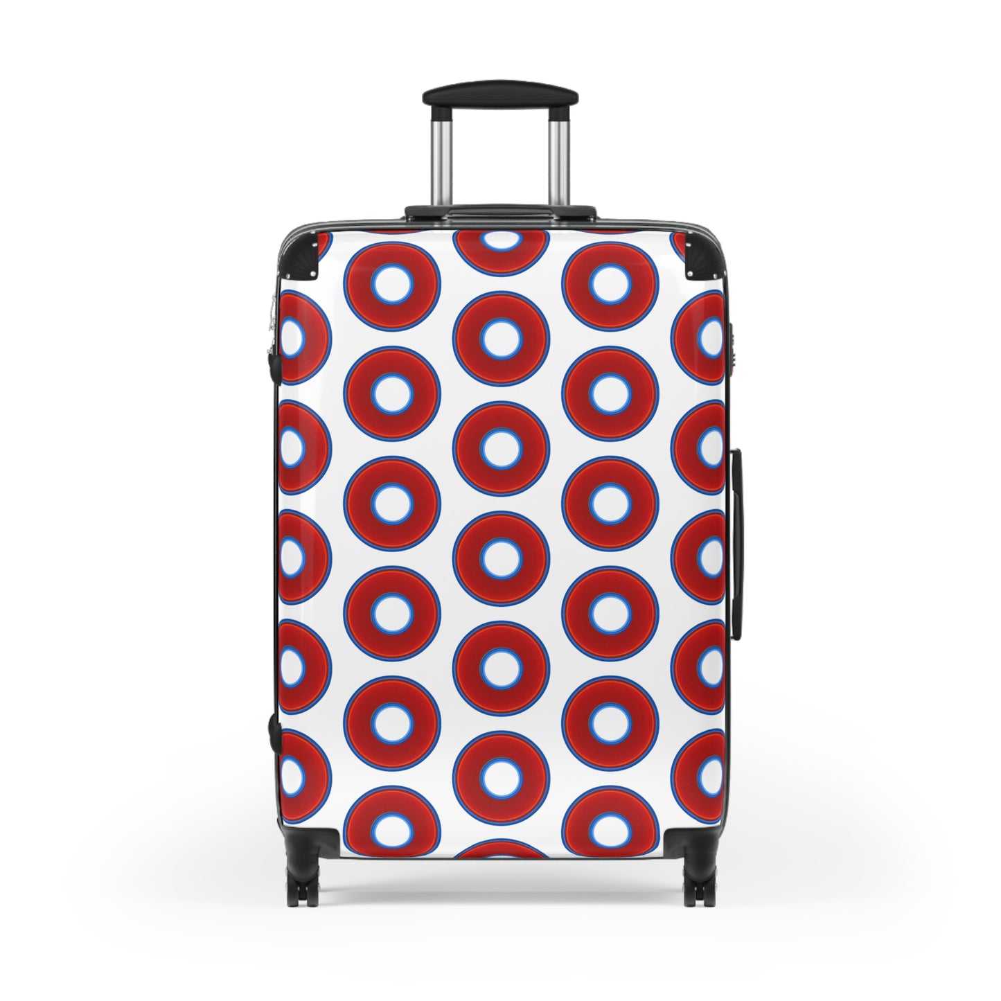 The Very Lumpy Donut Suitcase series - your choice of S, M or L - vivid red donut print w/white background