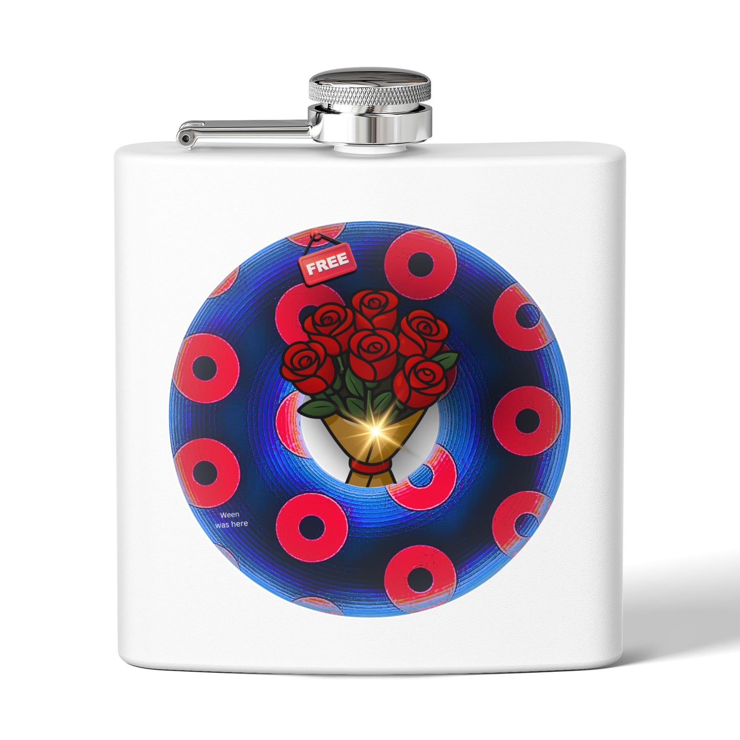 Lump's Donut Flask 6 oz -  "Donuts R Phree" - red/blue rustic donut - [*w/your choice of 6 backgrounds]