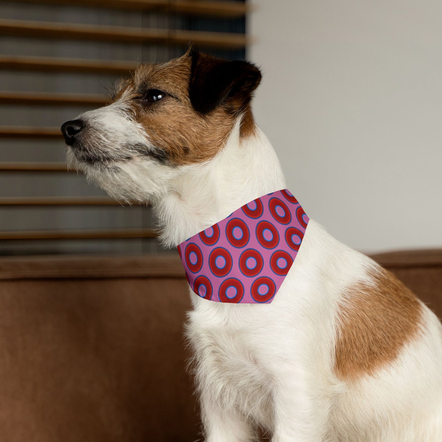 Jim's Lumpy Bandana Pet Collar - vivid red donuts w/pink background