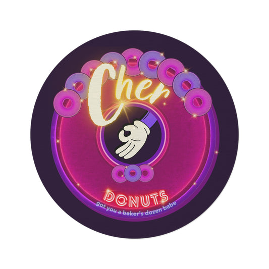 Round Room - 5 ft x 5 ft Lumpy Donut Rug - "Cher-ing is Caring Donut Rug" - vivid magenta donut w/midnight purple background - variant 2 - [*charitable donut]