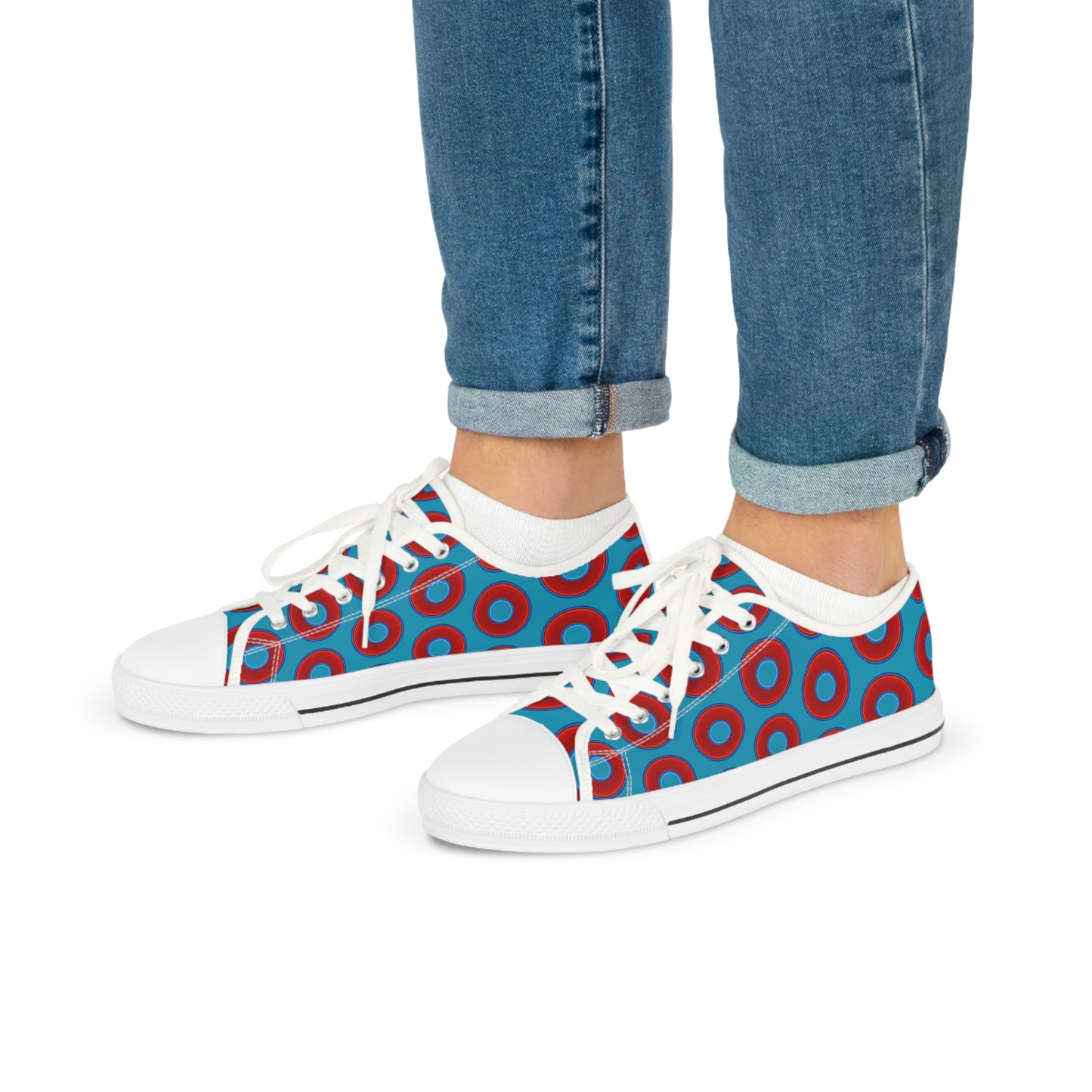 Men's - Low Top Chuck Taylors - large vivid red donut print w/aqua blue background