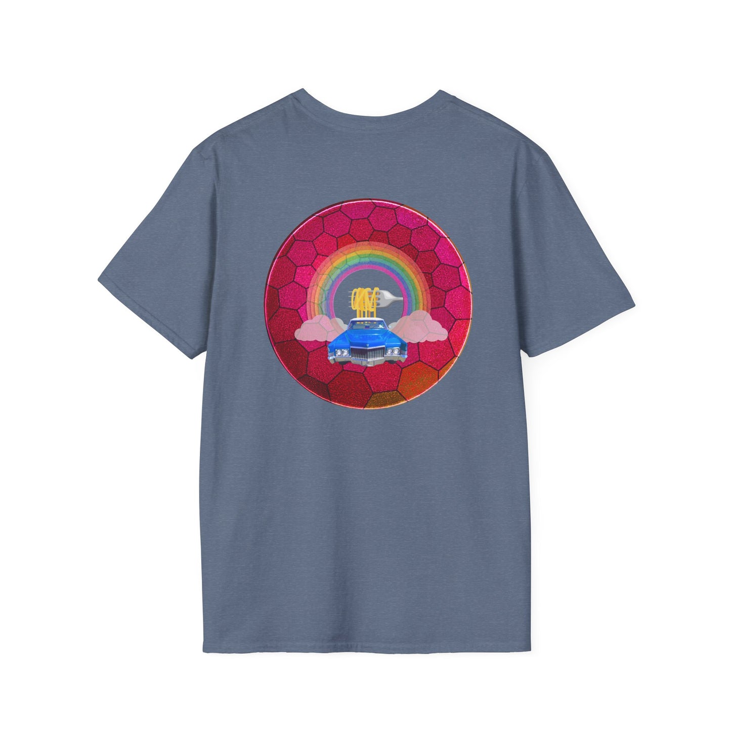 Classic Donut Tee - Unisex Soft-Style - "Cadillac Rainbows Donut Tee " - variant 2 - magenta hexadonut w/blue caddy