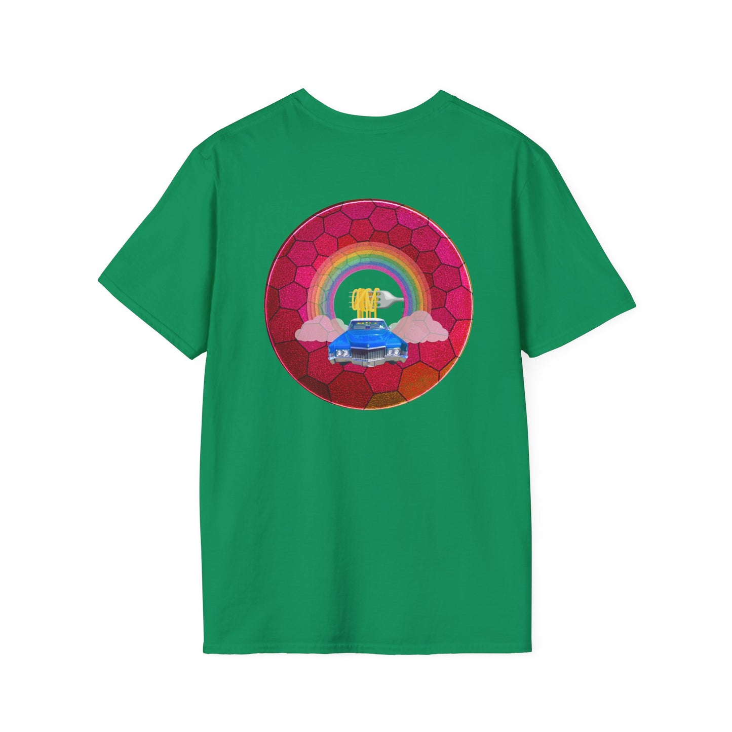 Classic Donut Tee - Unisex Soft-Style - "Cadillac Rainbows Donut Tee " - variant 2 - magenta hexadonut w/blue caddy
