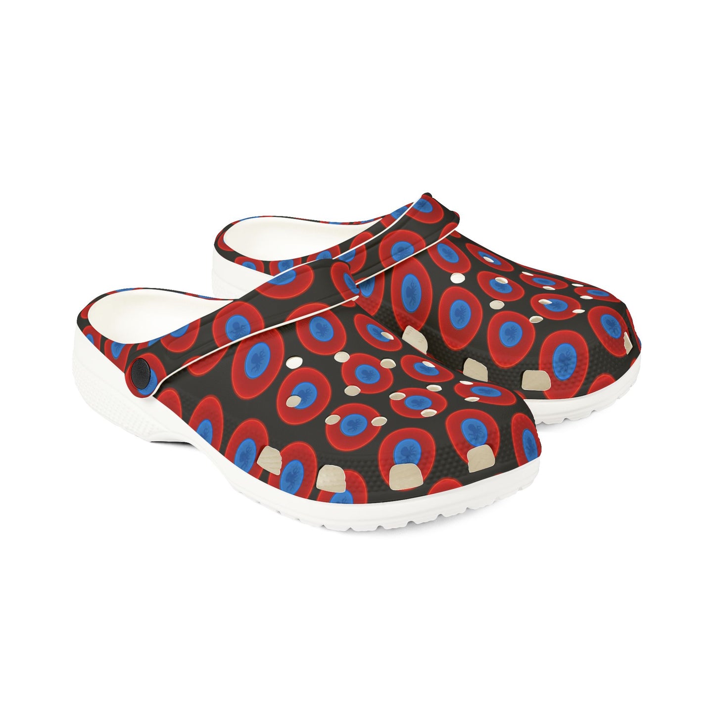 Spatchcocks - donut slip-on shoes - "Roger Moore's Octopussy Donut" - red vivid donuts w/black background [unisex]