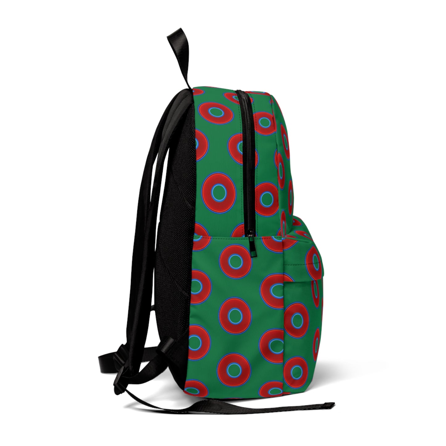 Donut Backpack - red vivid donuts w/green background