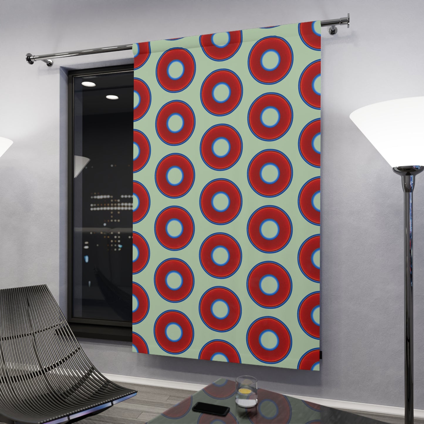 Lump's Heady Curtain w/Donuts - vivid red donut print - w/seafoam green background - [*1 Piece / 50" x 84"]