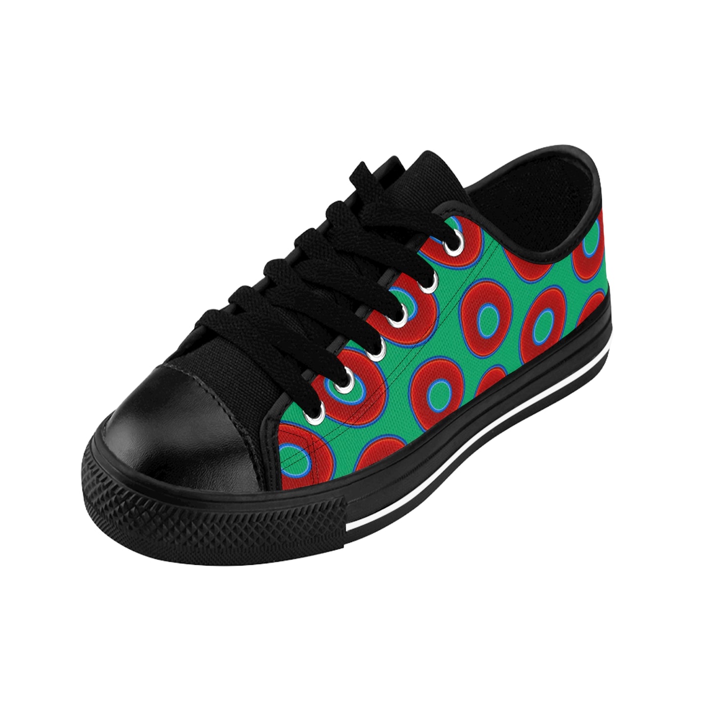 Women's Cushiony Convectors - Low Top - large red vivid donut print w/jade green background
