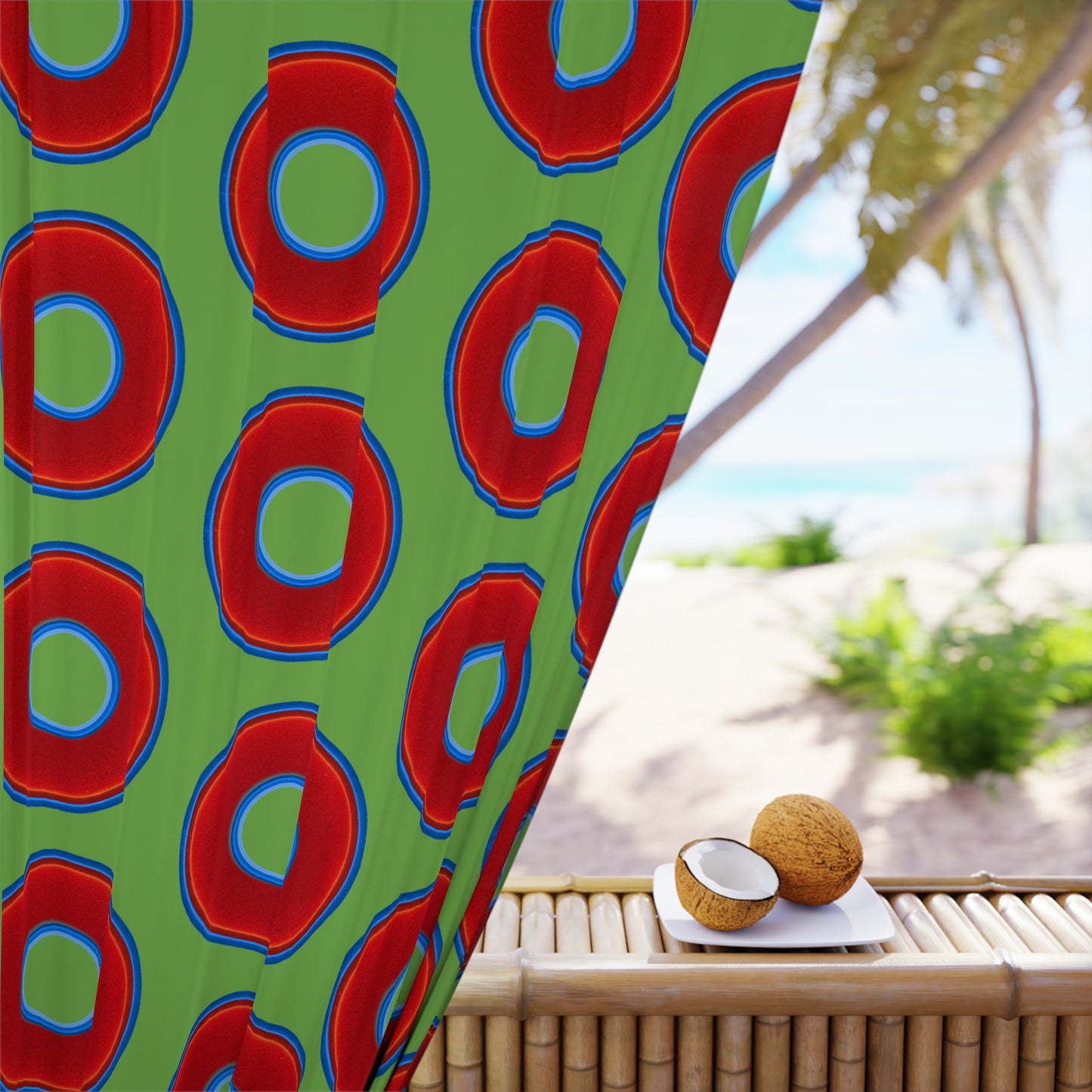 Lump's Heady Curtain w/Donuts - vivid red donut print - w/light green background - [*1 Piece / 50" x 84"]