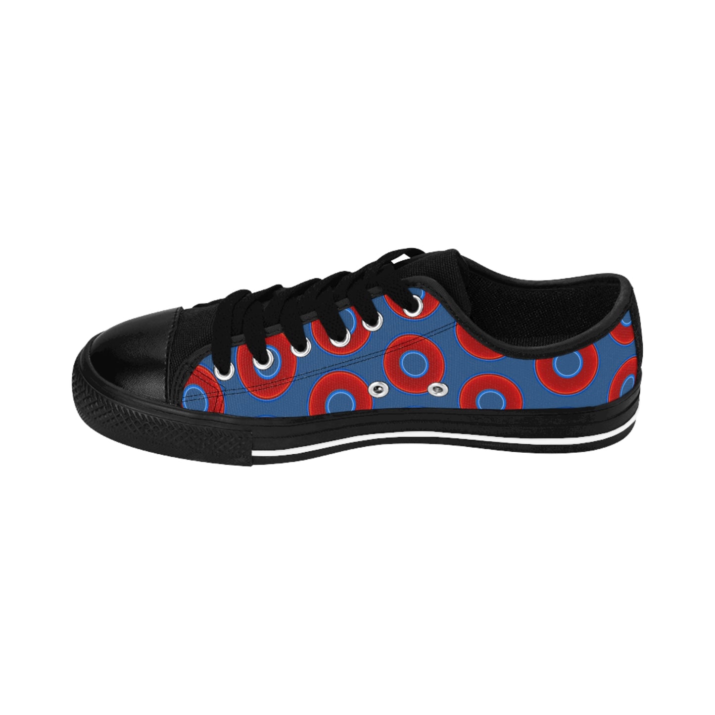 Women's Cushiony Convectors - Low Top - large red vivid donut print w/light navy blue background