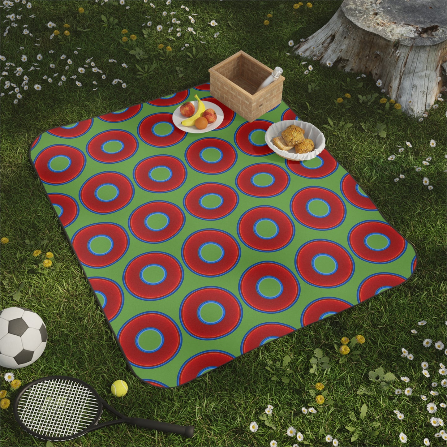 The Lumpy Party Blanket - giant water-resistant outdoor blanket [61" x 51"] - vivid red donuts w/light green background