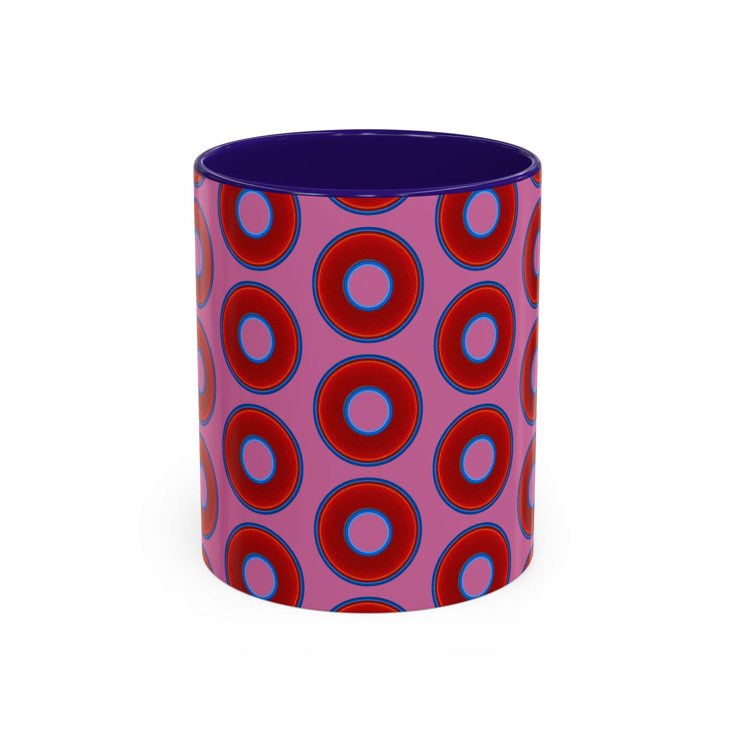 Lump's Grumpy Coffee Mug - vivid red donuts w/pink background