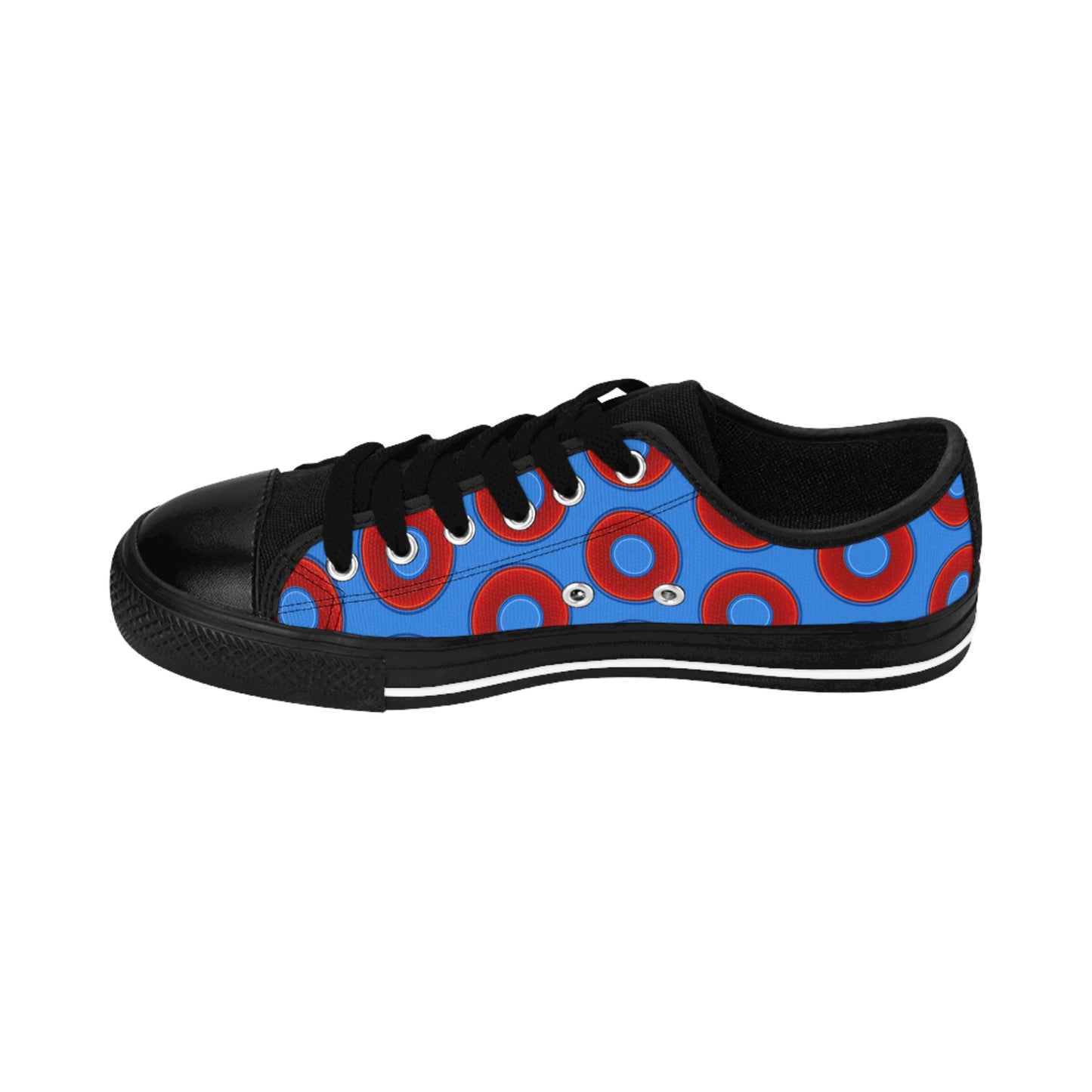 Women's Cushiony Convectors - Low Top - large red vivid donut print w/sky royal blue background