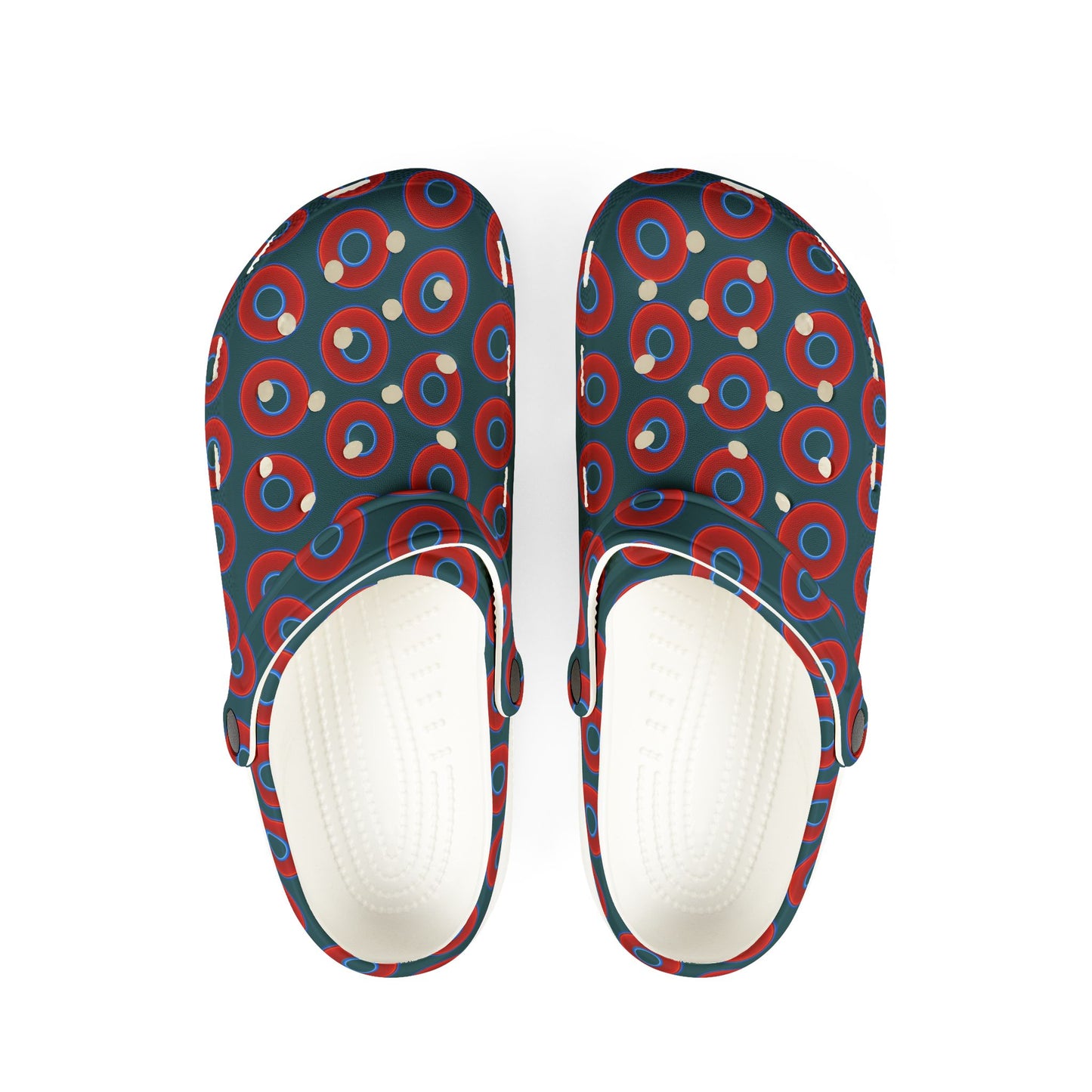 Spatchcocks - donut slip-on shoes - vivid red donuts w/midnight teal green background [unisex]