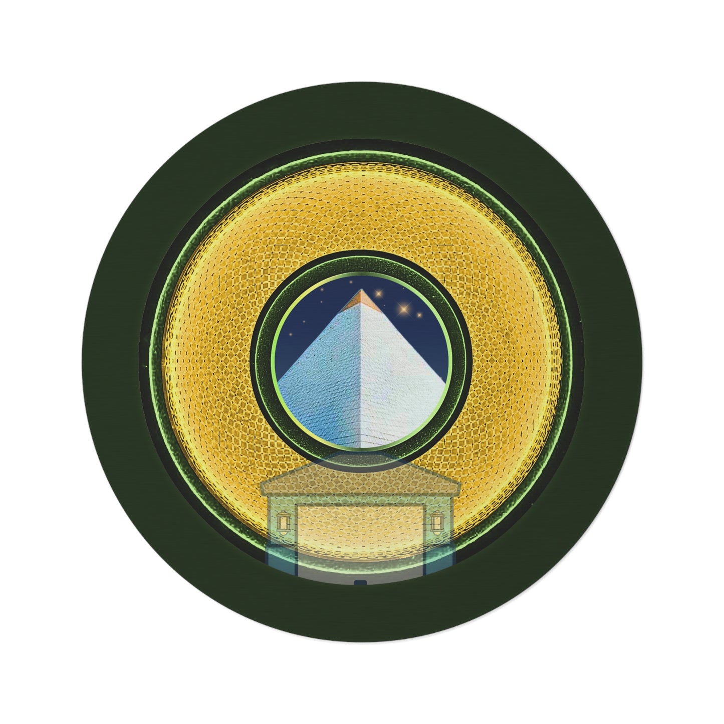 Round Room - 5 ft x 5 ft Lumpy Donut Rug - "Limestone Donut Rugs so Large " - rustic golden donut w/deep forest green background - variant 4