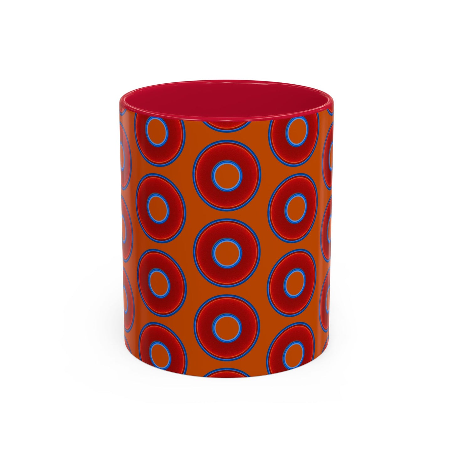 Lump's Grumpy Coffee Mug - vivid red donuts w/dark orange background