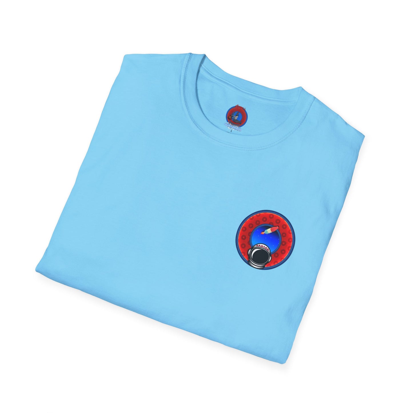 Classic Donut Tee - Unisex Soft-Style - "This is What Donuts Smell Like in Space - YEMSG Donut" - red/blue widemouthed paradox donut