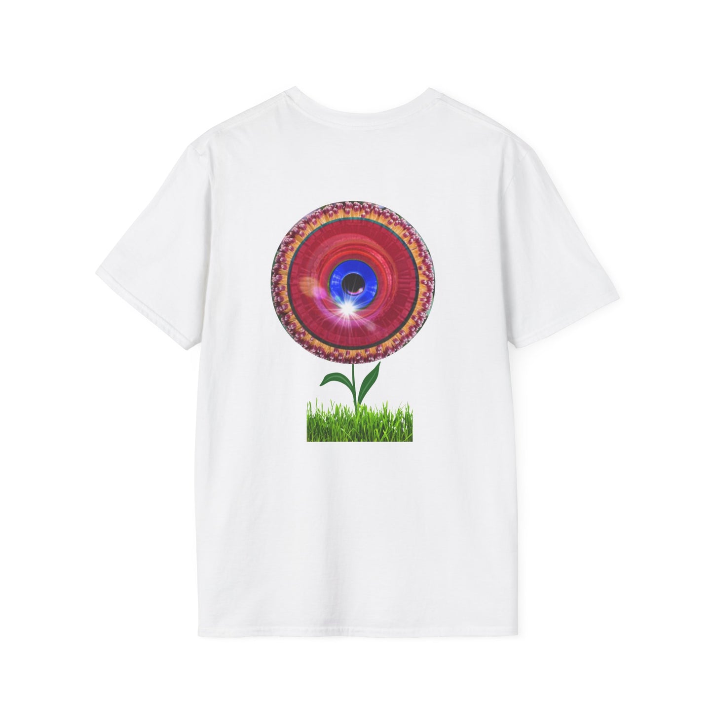 Classic Donut Tee - Unisex Soft-Style - "Smell the Donuts Outside on my Lawn"  " variant 1 - blue donut on red donut/flower
