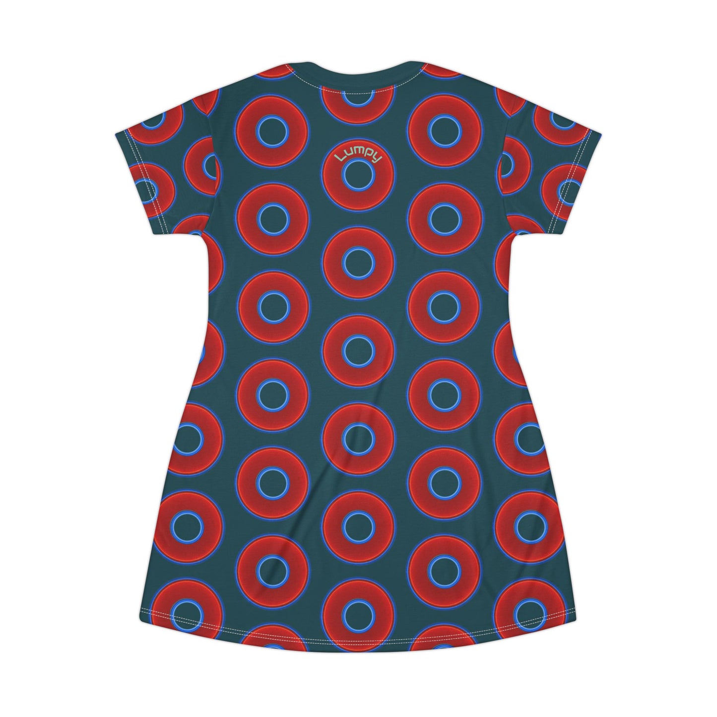 Not a Muumuu AOP Tee Shirt Dress - red vivid donuts w/midnight teal green background