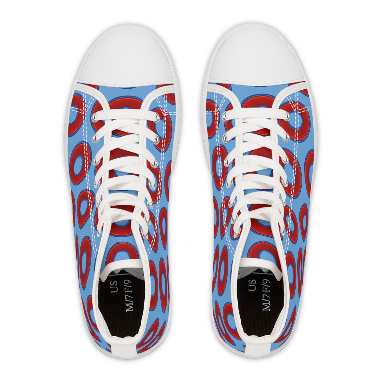 Women's High Top Chuck Taylors - large vivid red donut print w/light blue background