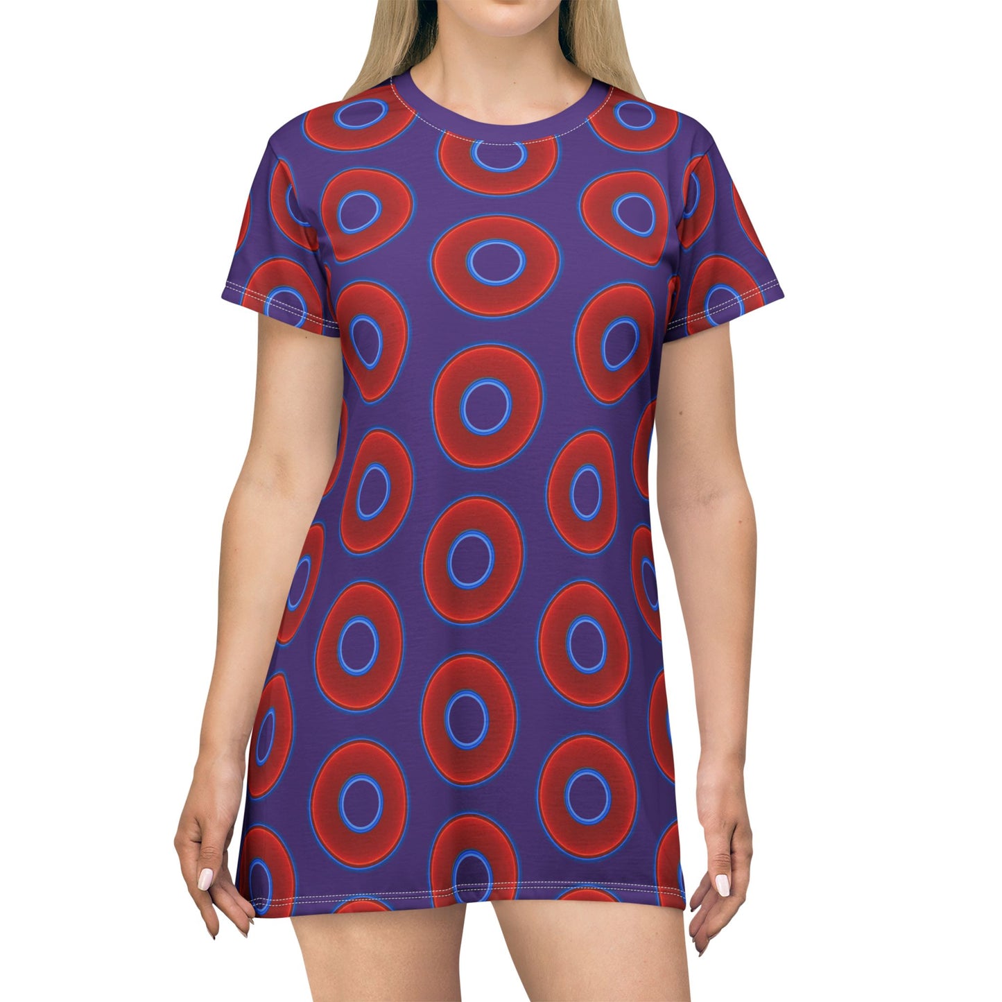 Not a Muumuu AOP Tee Shirt Dress - red vivid donuts w/purple background