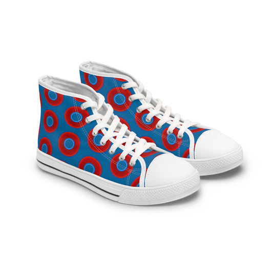 Women's High Top Chuck Taylors - large vivid red donut print w/wavy navy blue background