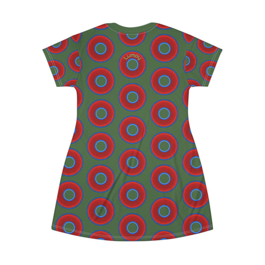 Not a Muumuu AOP Tee Shirt Dress - red vivid donuts w/dark green background