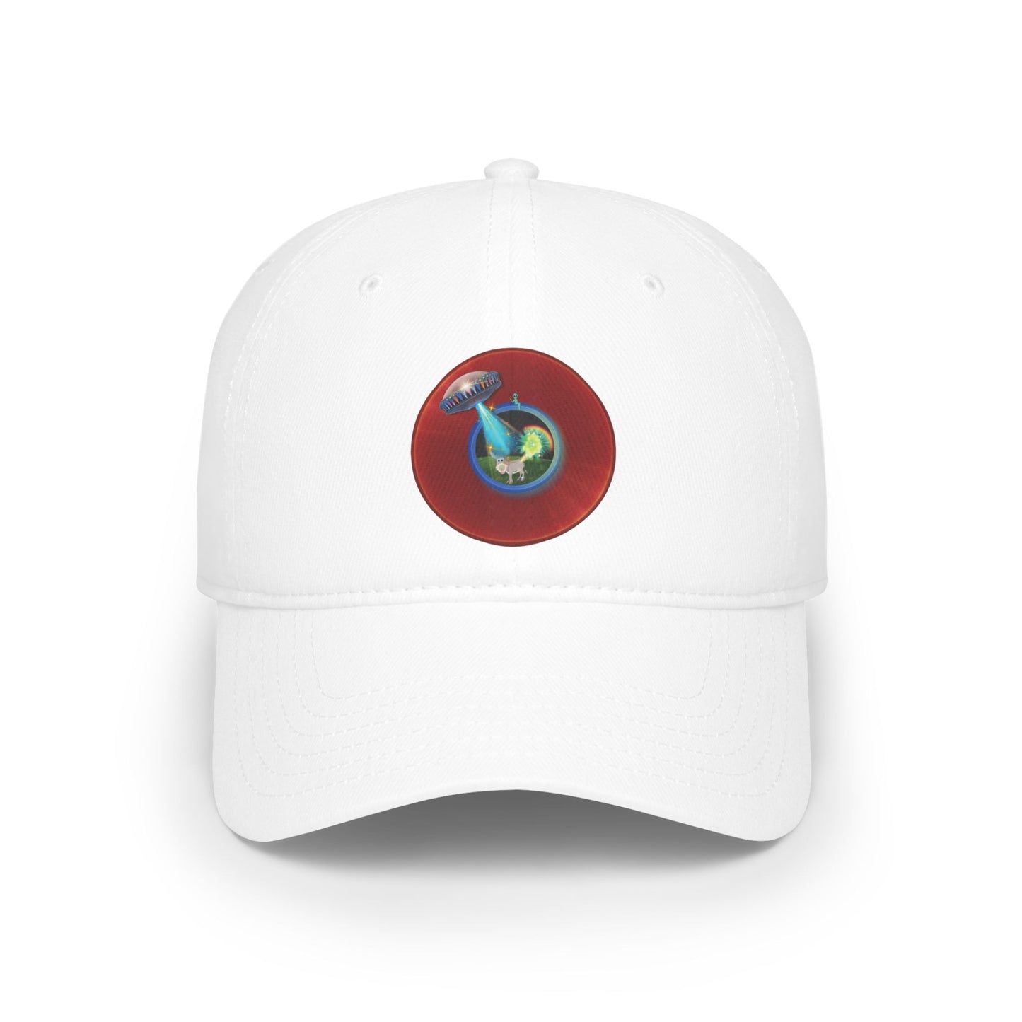 Lumpy Donut Baseball Cap - "Donut Caps? In Tomahawk County?" - variant 1 - vivid red donut w/