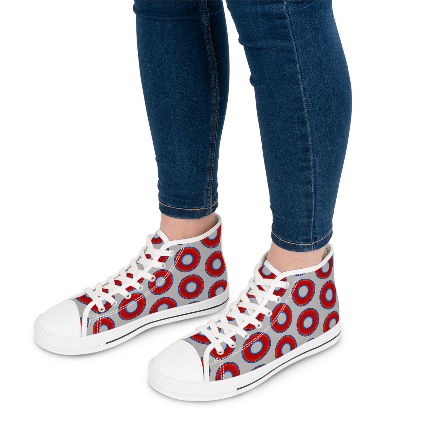 Women's High Top Chuck Taylors - large vivid red donut print w/light gray background