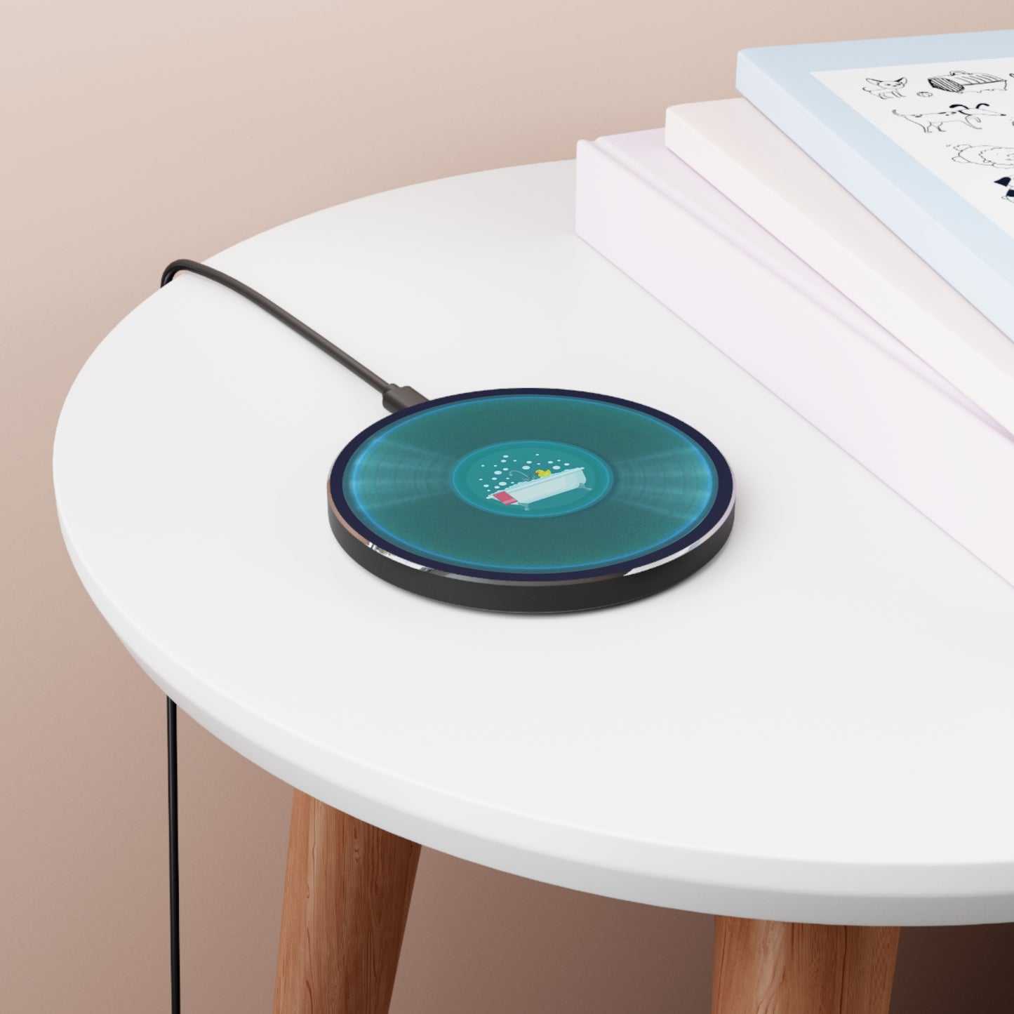 The Flow - Wireless Lumpy Donut Chargers - "Bathroom Fun Wireless Charger" - vivid aquamarine record donut w/dark navy background